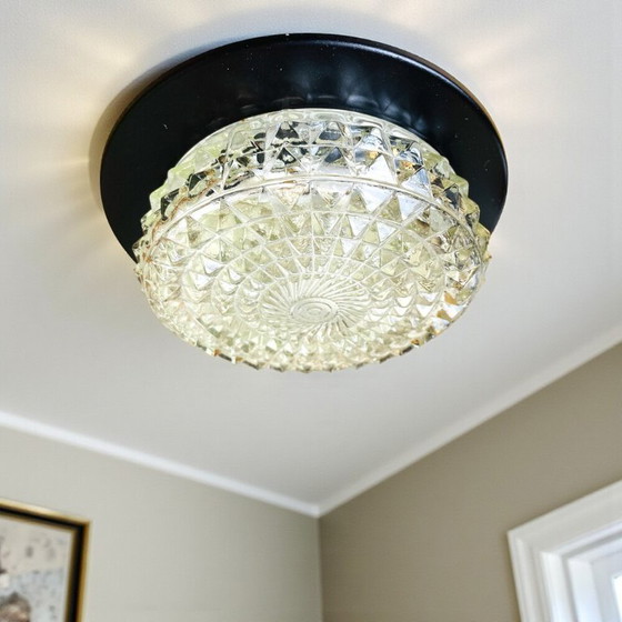 Image 1 of Portuguese round glass flush mount ceiling or wall lamp with black metal rim