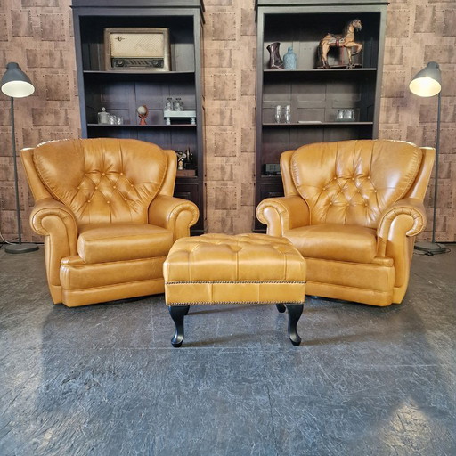 Chesterfield Haeck swivel armchairs + hocker set - Golden oak