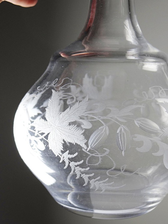 Image 1 of Antique engraved crystal decanter with vegetal decoration, Bohemian 19th-20th century