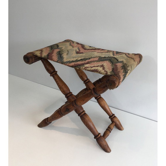 Image 1 of Vintage Folding Wooden and Tapestry Stool 1930