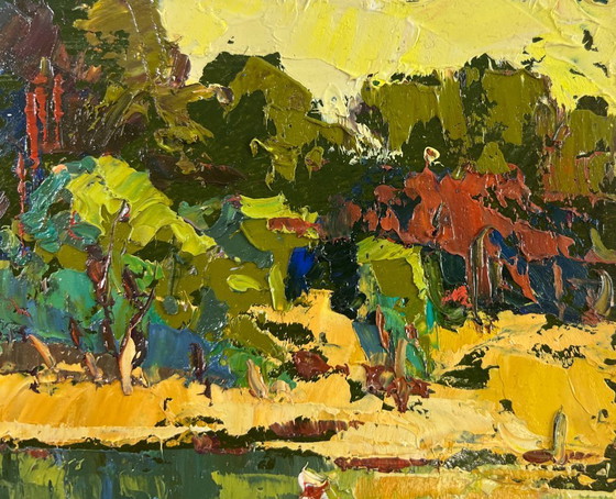 Image 1 of Original Oil Painting Autumn Forest Landscape Dawn over a quiet river
