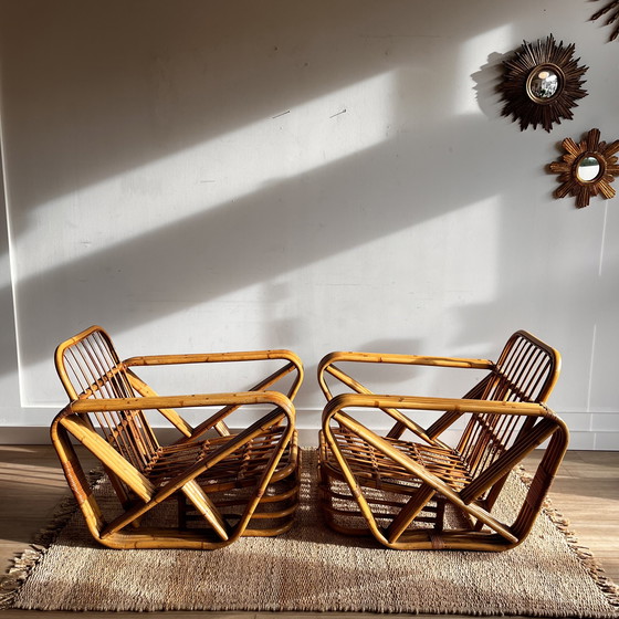 Image 1 of Ensemble de fauteuils en rotin et bambou, style Paul Frankl