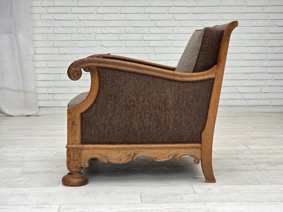 Image 1 of Années 1950, fauteuil danois, meuble en laine, bois de chêne massif sculpté.