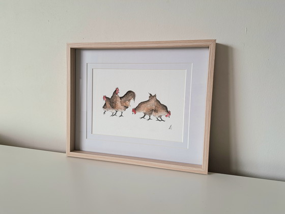 Image 1 of Watercolor original four chickens | Framed
