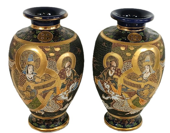 Image 1 of Paar Satsuma Meiji-Vasen, signiert Niiyama, 32 cm - mit offiziellem Wertgutachten.