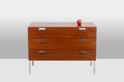 André Monpoix. Commode 3 tiroirs en teck. 1960s.