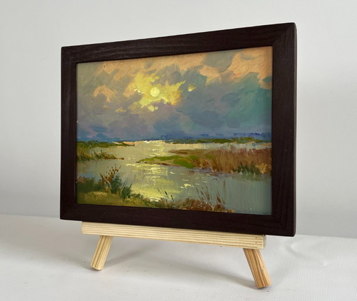 Original Oil Painting Sunset Lake Landscape The sun says goodbye to the horizon