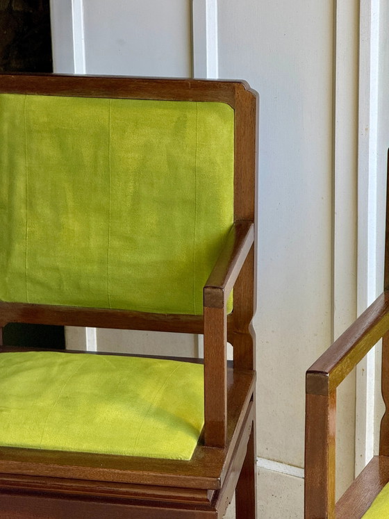 Coppia di poltrone in legno esotico e tessuto verde lime (foto 3 di 14)
