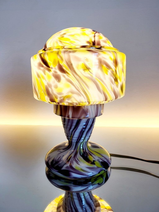 Art deco opaline glass table lamp in multicolor glass, Verreries de Scailmont, Henri Heemskerk, Belgium,1930s