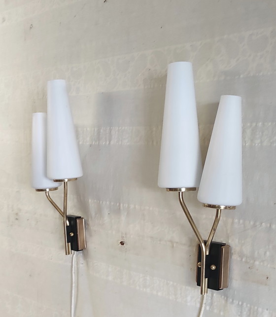 Image 1 of Asymmetrical double wall sconces in brass, metal and opaline glass - mid-20th century