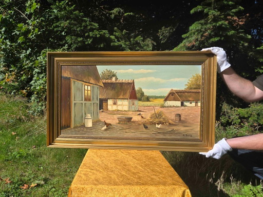 Grande Peinture à l'Huile Vintage - Cour de Ferme Ensoleillée avec Poulets