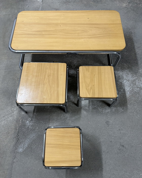 Image 1 of Set of 4 70s metal and solid oak nesting tables