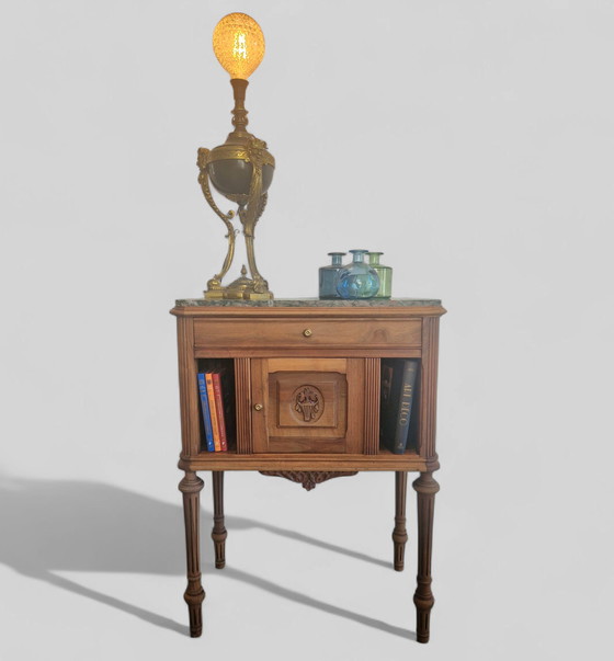 Image 1 of Mobiletto in noce e marmo verde - Stile Luigi XVI - Inizio XX secolo