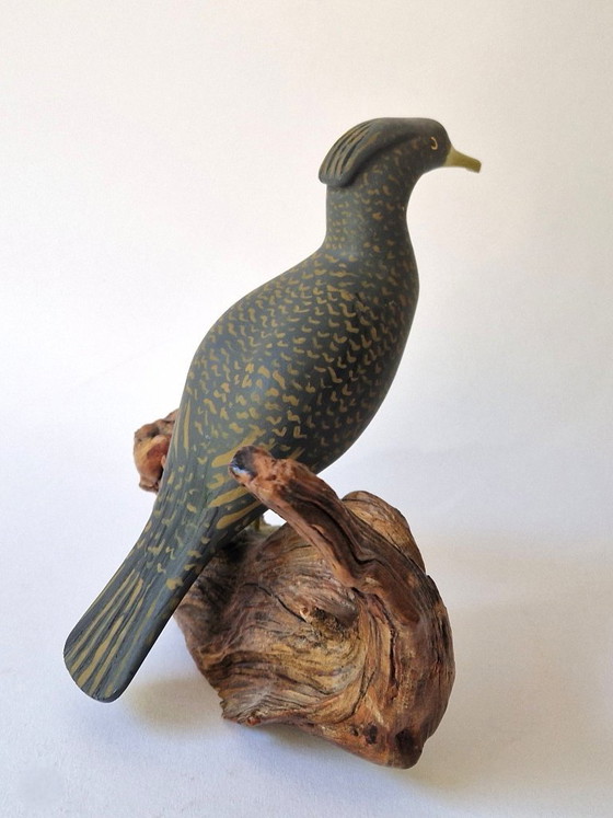 Svante Svensson - Wooden Cormorant Sculpture on Tree Trunk - Signed (photo 6 of 8)