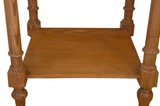 Solid pine marquetry bedside table, marble top, 37x37x81cm, 1940s, Art Deco, Émile Gallé style – Nightstands (photo 12 of 12)