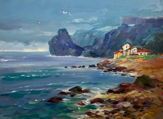 Image 1 of Pintura al óleo original: Paisaje costero rocoso, mar y ambiente acogedor de pueblo.