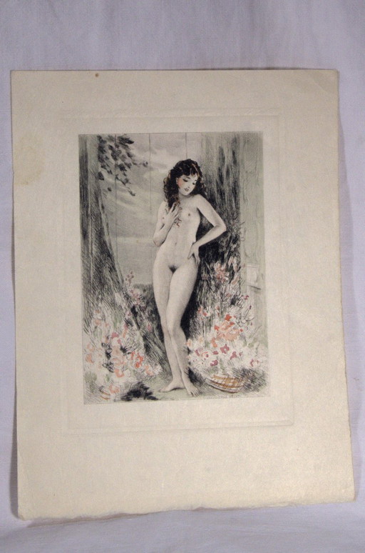 Grabado en acuarela, Mujer joven desnuda, firmado por Paul-Émile Bécat (1885-1960). – kunst, Paper