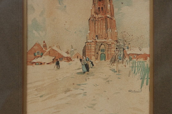 Image 1 of Art Nouveau Wall-Mounted Coat Rack with Framed Watercolors by Cassier, Belgium, 1905