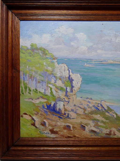 Grand Paysage Marine Falaises Huile sur Panneau Encadré Paul Ruben (1882-1955)
