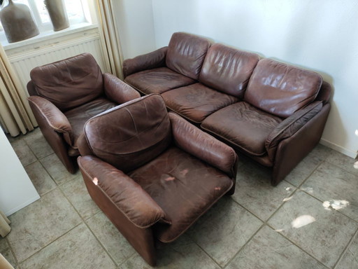 Vintage De Sede lounge set - 3-seater sofa + 2 armchairs - thick buffalo leather - 1970s