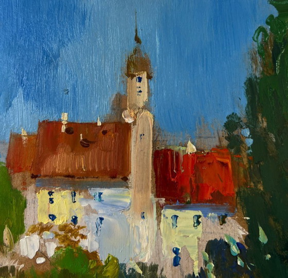 Image 1 of Original Oil Painting Summer Village Landscape Castle overlooking the endless steppe