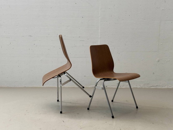 4 Sedie Impilabili – Impiallacciatura in Legno & Cromo, Stile Mid-Century – Poltrone, Vintage (photo 2 of 14)