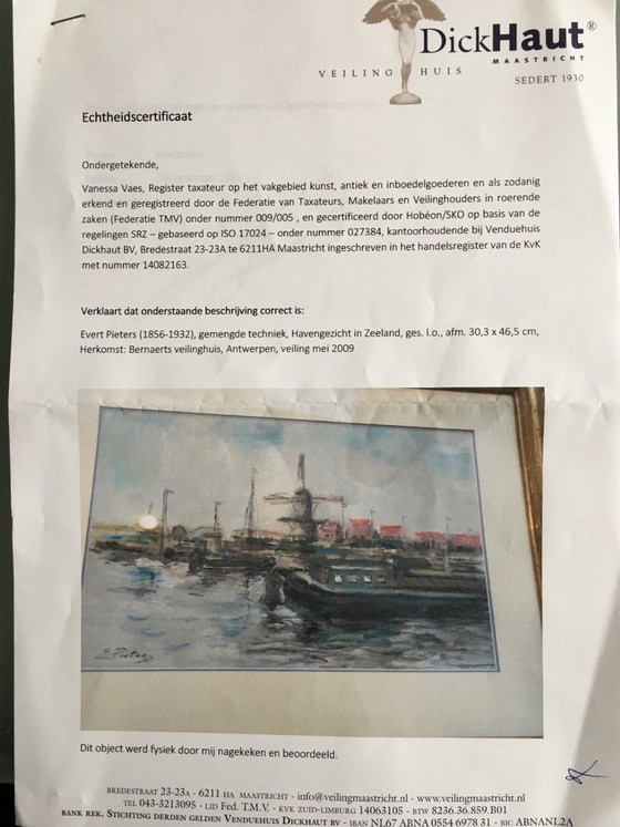 Image 1 of EVERT PIETERS (1856-1932) Harbor View Zeeland Mixed Media With Certificate