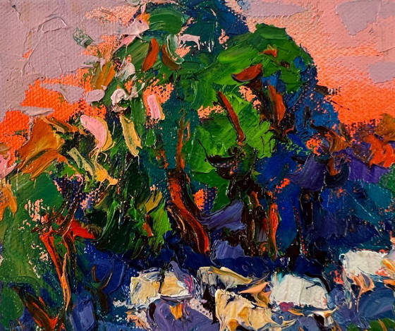 Image 1 of Original Oil Painting Summer Sunset Landscape Forest Evening