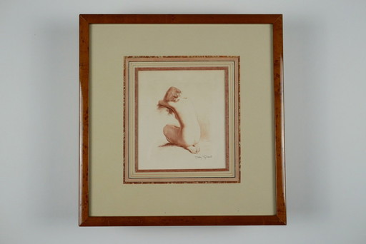 Female nude by Jean Vyboud. Signed and framed sanguine etching.