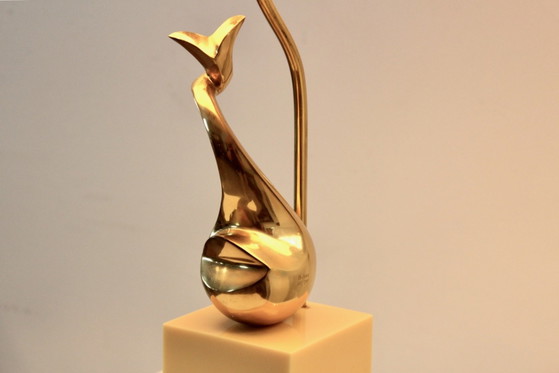 Pair of Exclusive Philippe-Jean Brass Art Sculpture Table Lamps, signed, Marble, Mid Century Modern (photo 3 of 14)