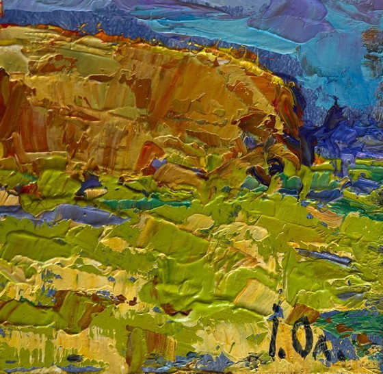 Image 1 of Original Oil Painting Summer Field Landscape Harvesting hay in the field