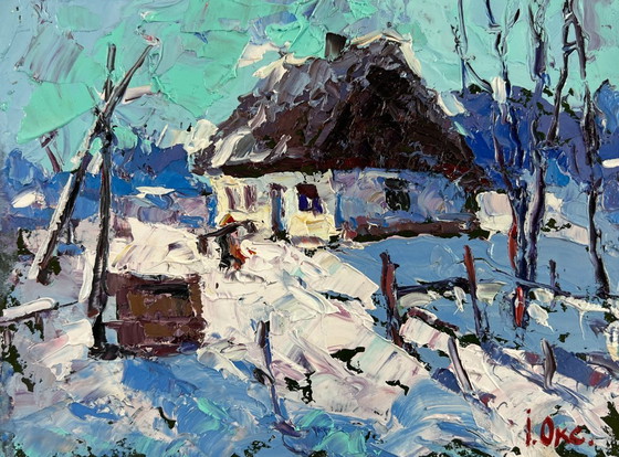 Image 1 of Original Oil Painting Winter Village Landscape The house sleeps in the snow