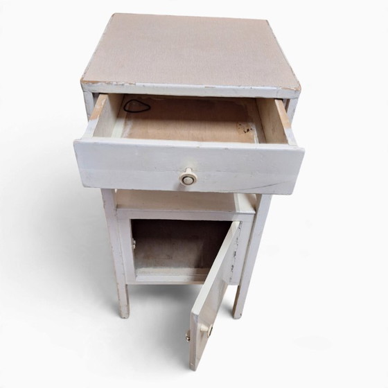 Vintage Nightstand / Cabinet with Drawer and Door, Wood, Plastic, White (photo 4 of 8)