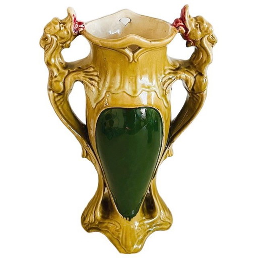 Antieke XL Art Nouveau Barbotine vaas groen keramiek Majolica 1900's