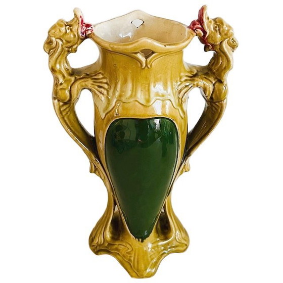 Image 1 of Antique XL Art Nouveau Barbotine vase green ceramic Majolica 1900's