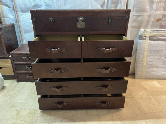 RH Mayfair Steamer Trunk Cuir Vintage Coffre à Cigares, Restoration Hardware, Commodes, Métal, Marron (photo 2 sur 6)