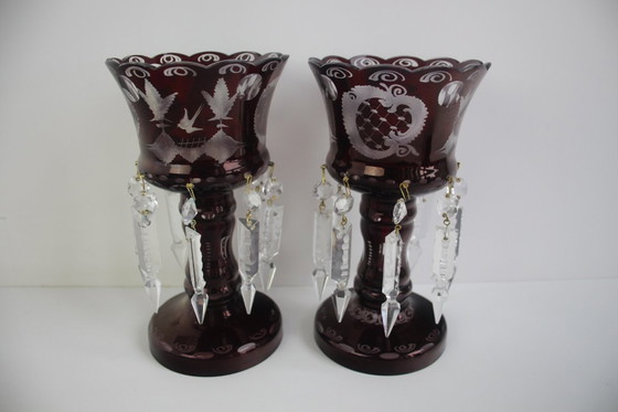Image 1 of Antique Set of 36 pieces of Artistic cut Ruby red glass, Egermann, 1950's. 