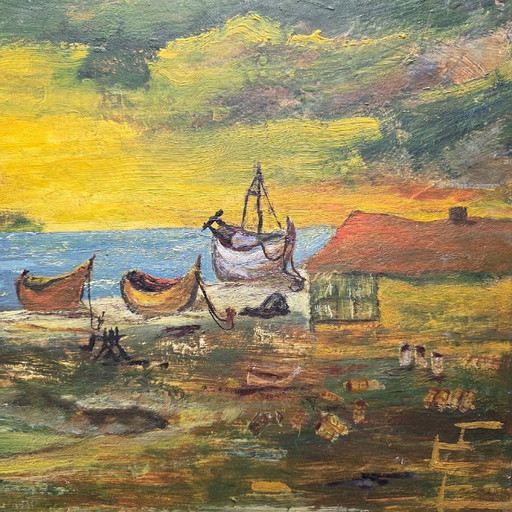 Aziatisch olieverf schilderij op board Hong Kong, jaren 70