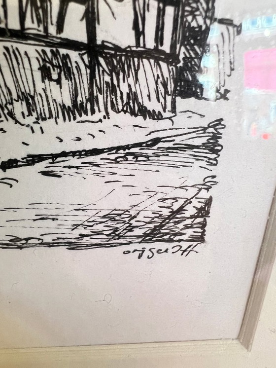 Image 1 of Oude tekening "Alte Schule Heddesdorf" | Ingelijst | Met kunstenaarsmerk & galeriestempel Neuwied