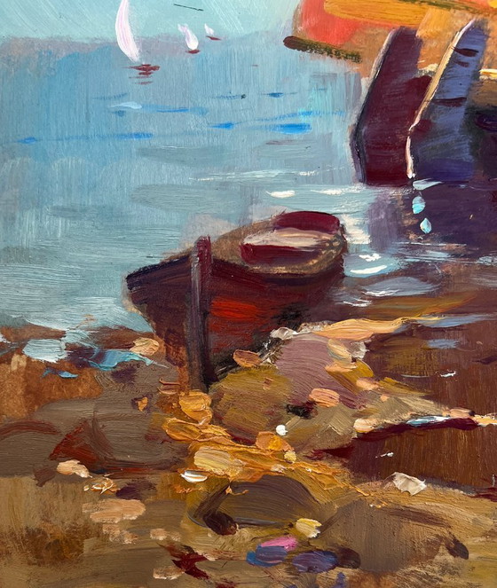 Image 1 of Peinture à l'huile originale représentant un paysage marin côtier. Bateau solitaire dans les vagues.