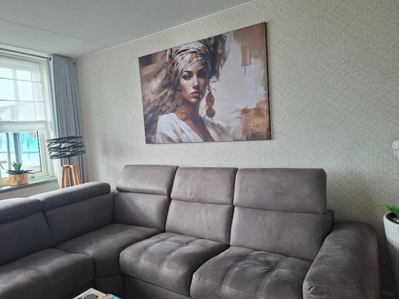 Image 1 of Divano angolare in tessuto marrone effetto pelle