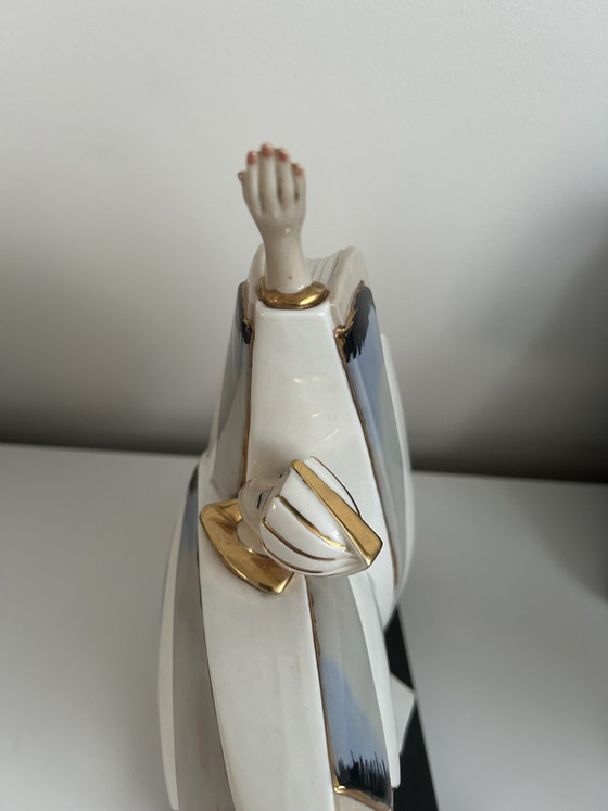 Große Tengra Porzellan Skulptur – Art Deco Tänzerin Irisierender Perlmutt & Gold Fächer 35cm (Perfekter (photo 6 of 7)