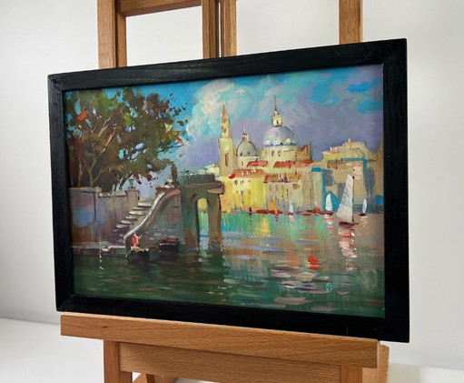 Original Oil Painting Summer City Landscape Bells over the river