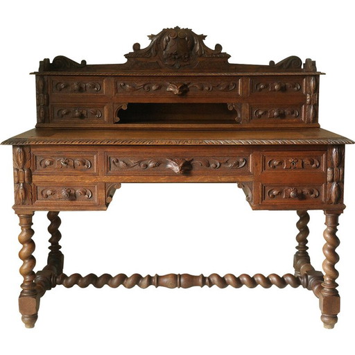Scrivania neorinascimentale vintage con cassa e ripiano in rovere