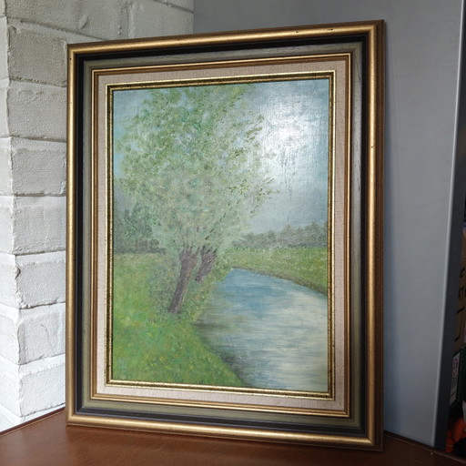 Vintage Impressionist Oil Painting "Lente – Groen" – Framed Landscape – Signed Monogram – 52 × 41 cm
