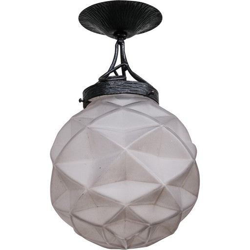 Geometrische Franse vintage hanglamp van glas en ijzer, 1950