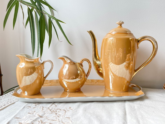 Image 1 of Service à Thé Vintage en Lustre Czecho-Slovaquia Victoria China Pêche Irisé 1950