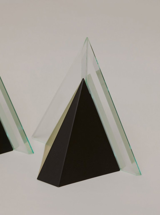 Image 1 of Pair of vintage Postmodern Memphis metal and lucite diamond wall sconces, circa 1980