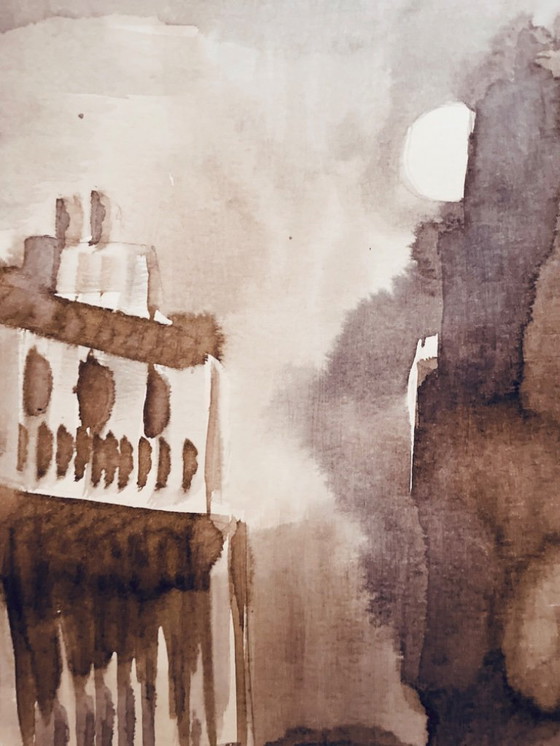 Image 1 of Dipinto ad acquerello monocromatico firmato seppia Chiaro di luna su Tangeri