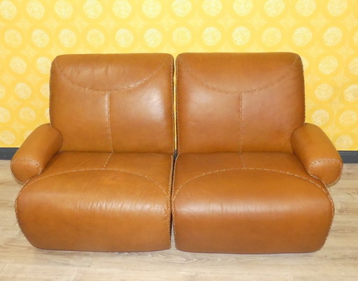2 Sitzer Couch Baseball Stil Leder Cognac top Zustand retro vintage 70er Jahre Teil einer GARNITUR modular Armchair karamell joe